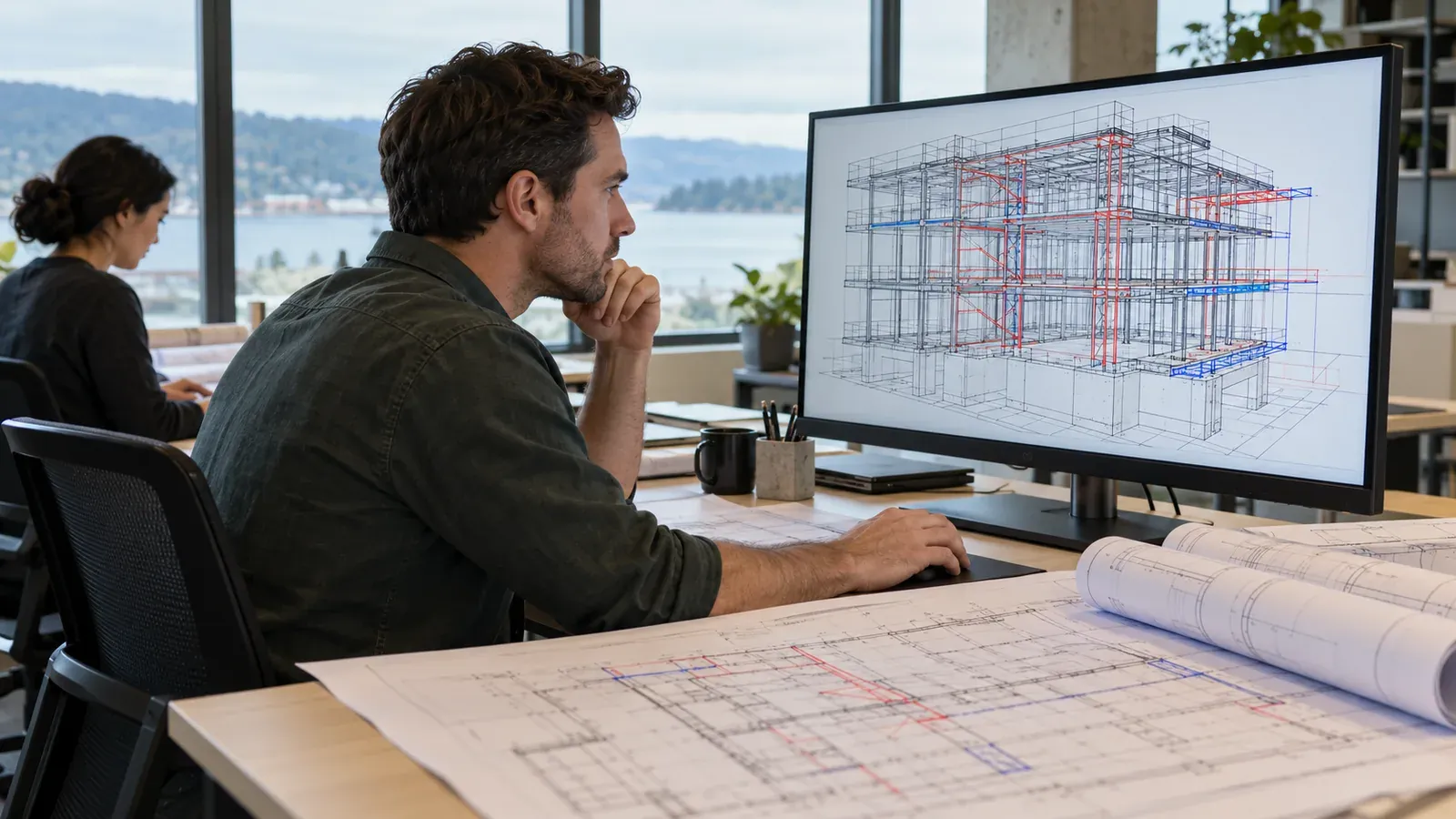 Structural engineer reviewing marked up drawings on a large monitor in a Seattle design office, rolls of plans on the desk