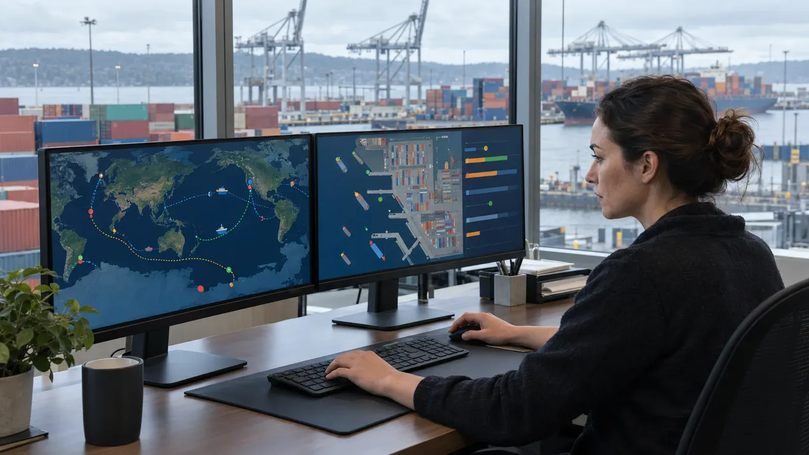Logistics coordinator tracking container shipments on two monitors in an office overlooking stacked containers and cranes at a Seattle port terminal
